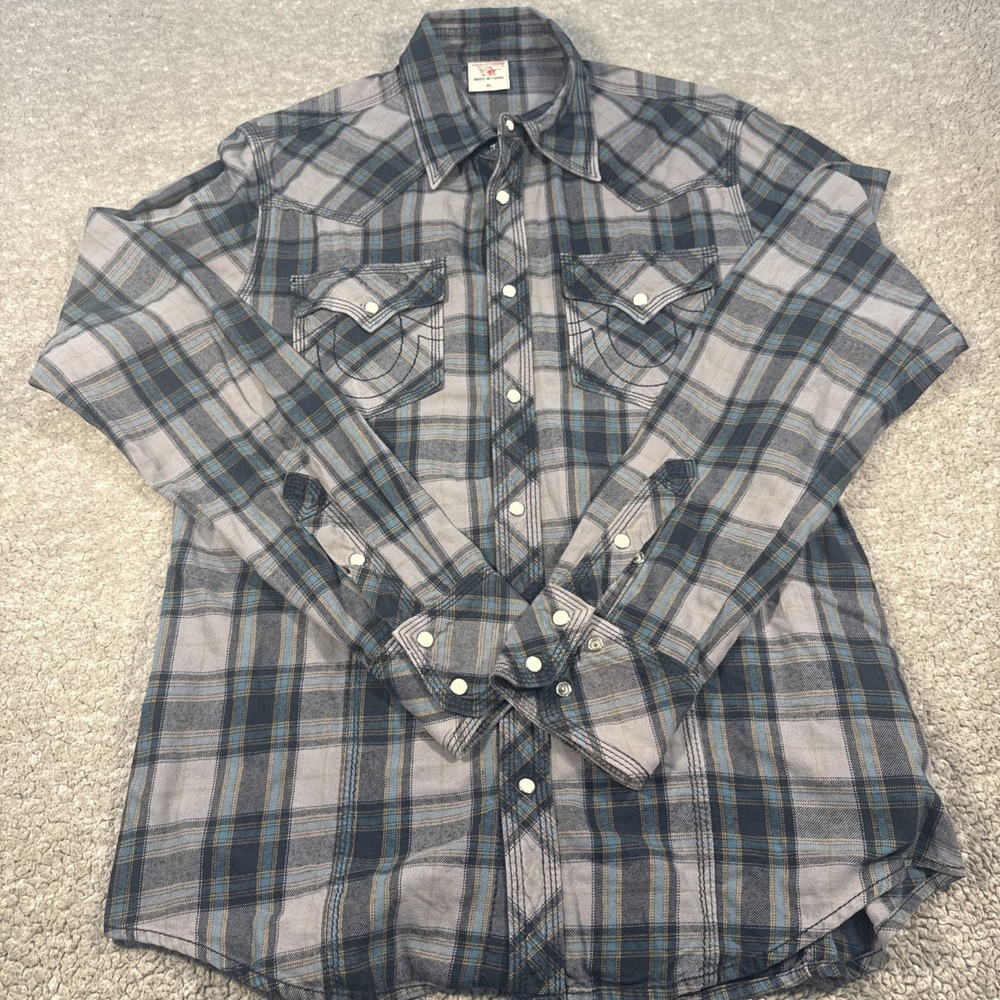 True Religion Shirt Mens XL Blue Gray Plaid Western Pearl Snap Flannel Cowboy